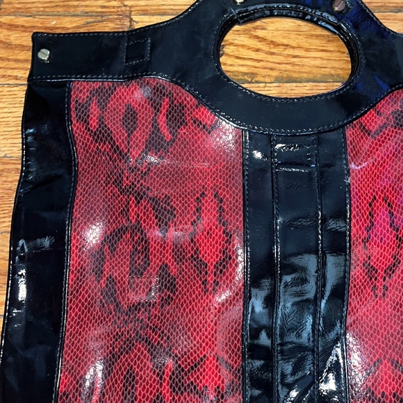Kate Landry Red Snakeskin Tote with black Patent Leather tote - Picture 2 of 8